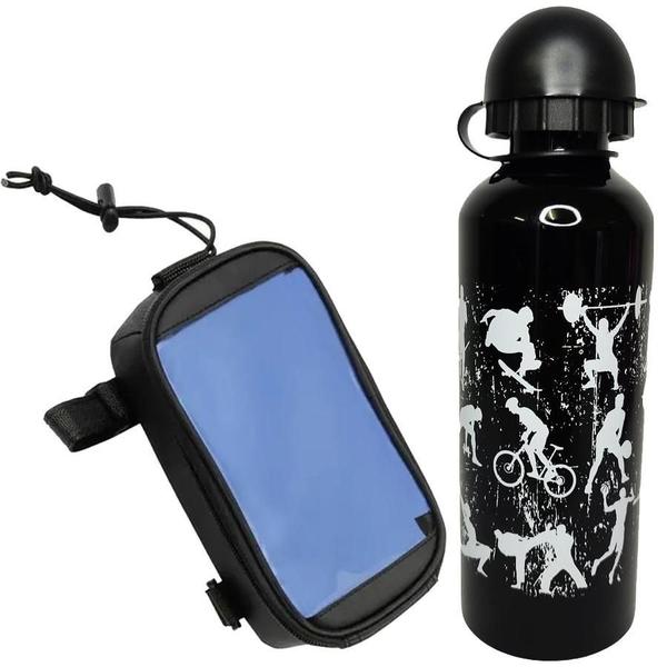 Imagem de Kit Garrafa Squeeze 500Ml Esporte Preto + Porta Celular