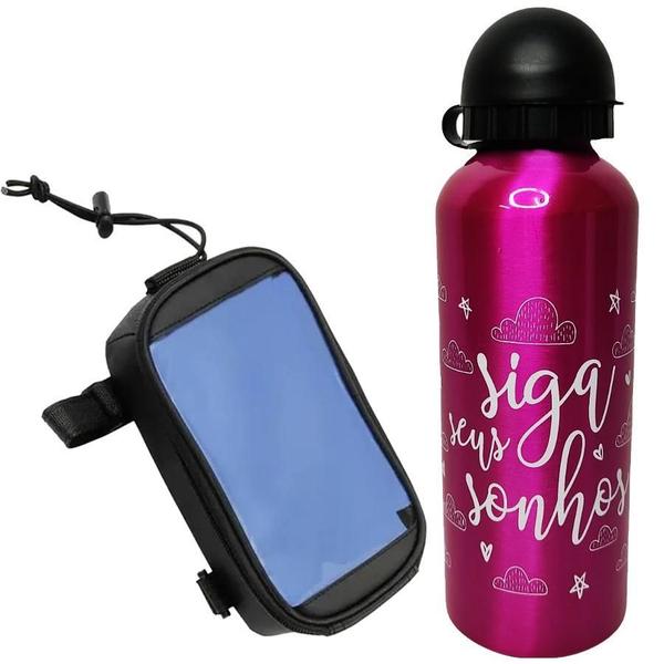 Imagem de Kit Garrafa Squeeze 500Ml Sonhos Rosa + Porta Celular