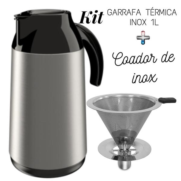 Imagem de Kit Garrafa térmica 1Litro Inox Berlim+ Coador de Inox Filtro de café Permanente Unitermi