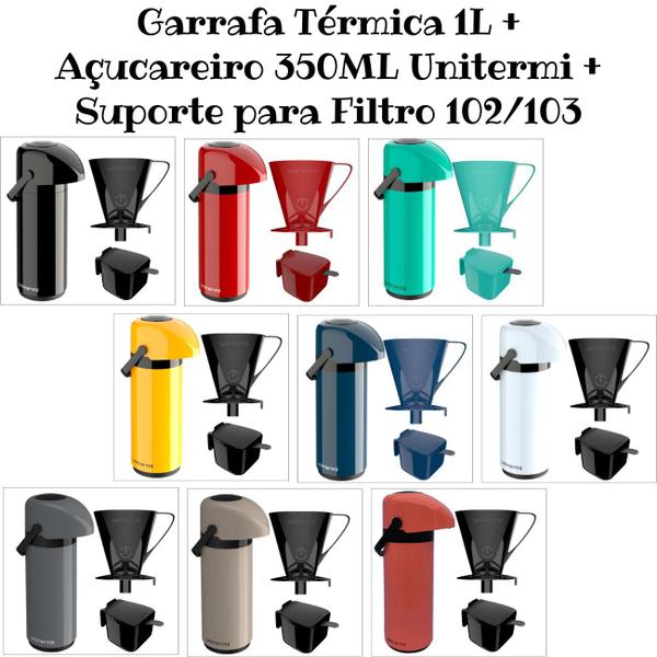 Imagem de Kit Garrafa Térmica Verona 1 Litro Suporte para Filtro de Café  e Açucareiro 350 ML Unitermi