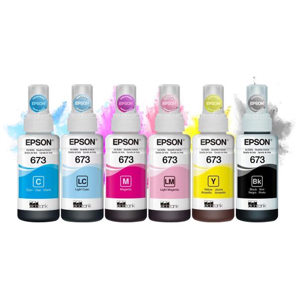 Imagem de Kit Garrafas Tinta Com 6 Refis Original Epson T673 Ecotank 6 Cores Compatível Impressoras L800 L805 L810 L850 L1800