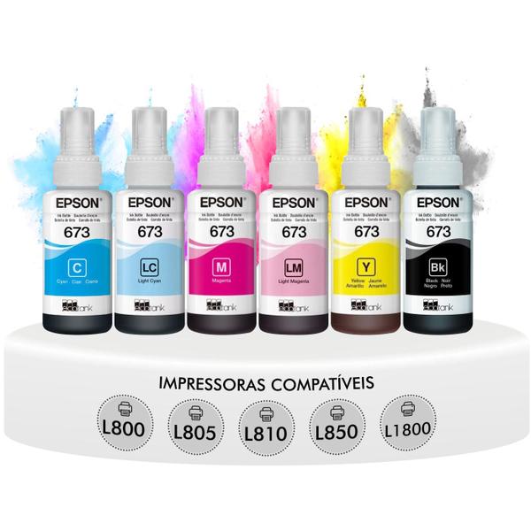 Imagem de Kit Garrafas Tinta Com 6 Refis Original Epson T673 Ecotank 6 Cores Compatível Impressoras L800 L805 L810 L850 L1800