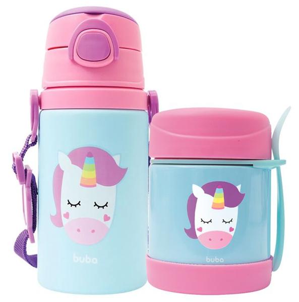 Imagem de Kit Garrafinha Infantil Alumínio Antivazamento  400ml Animal Fun + Pote Térmico Em Aço Inox Com Talher 320ml Buba