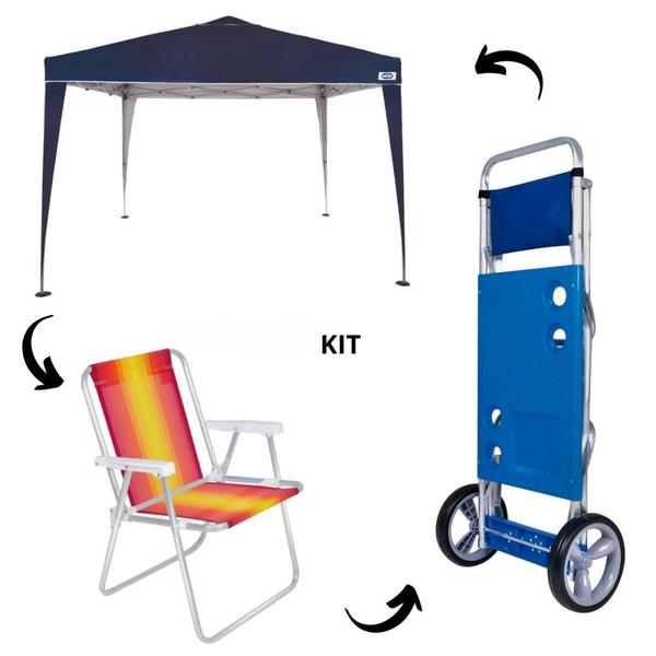 Imagem de Kit Gazebo Tenda Dobravel Trixx 3m X 3m Base e Topo + Carrinho de Praia com Avanco + Cadeira Alta de Aluminio  Mor 