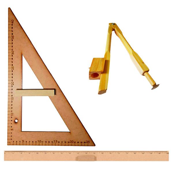 Imagem de Kit Geométrico do Professor Mdf Com Régua 1 Metro 1 Compasso Para Quadro Branco 40 cm e Esquadro 30º/60º Graus