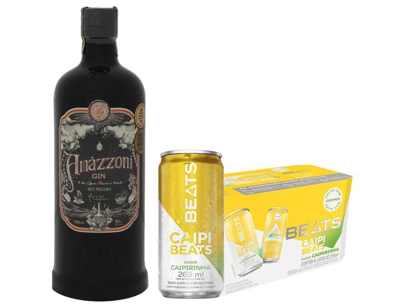 Kit Gin Amázzoni Rio Negro 750ml + Drink Pronto - Beats Caipirinha Lata 269ml 8 Unidades