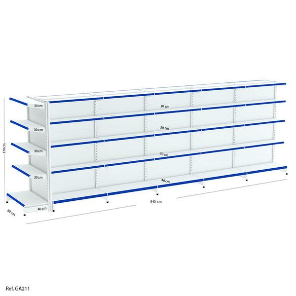 Imagem de Kit Gôndola de Centro Modular 5mts + 1 ponta - 1,70 x 5,00 x 0,80