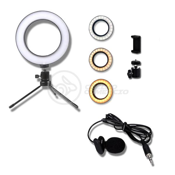 Imagem de Kit Gravação Profissional - Ring Light de Mesa de 6" com Tripé de 16cm Incluso + Microfone Lapela