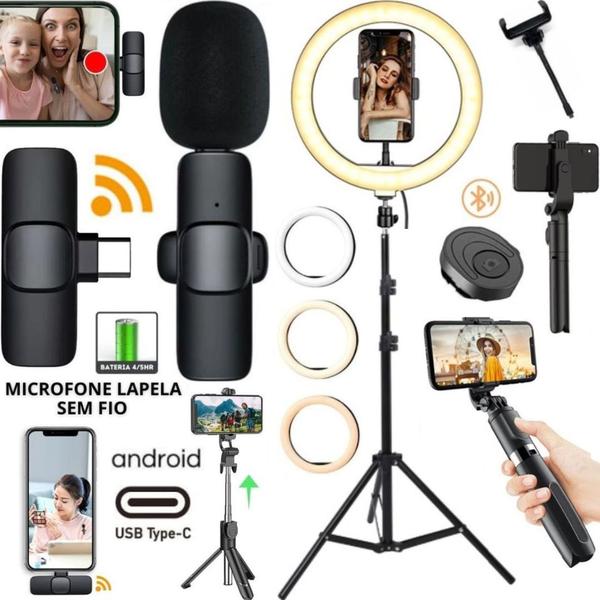Kit Gravação Ring Light Led com Tripé Microfone Sem Fio Tipo-C Bastão Filmagem Celular - CJR Imagem de Kit Gravação Ring Light Led com Tripé Microfone Sem Fio Tipo-C Bastão Filmagem Celular