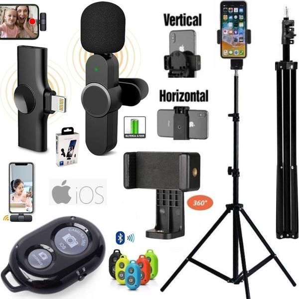 Imagem de Kit Gravação Tripé Pedestal Suporte Vertical Controle Microfone Sem Fio Para iPhone Vídeo Filmagem