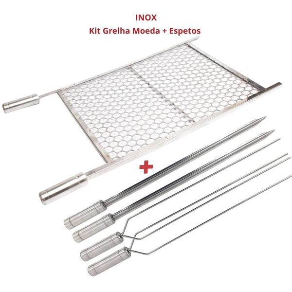 Imagem de Kit Grelha Inox 70x60cm + 4 Espetos Espada E Duplo Churrasco