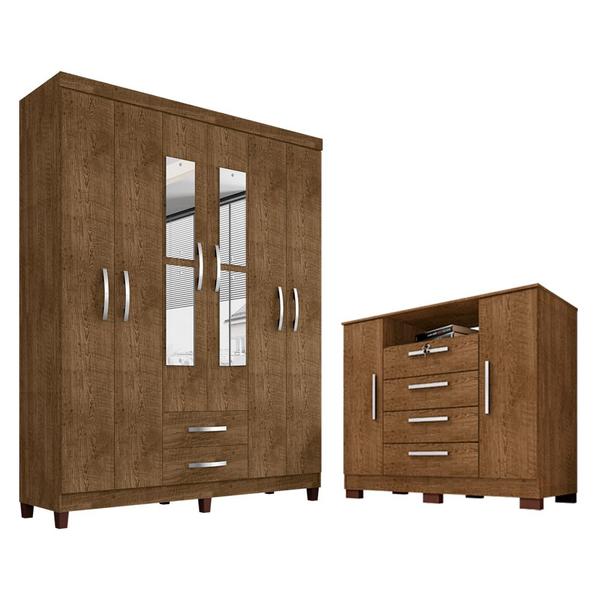 Imagem de Kit Guarda Roupa Casal Modena 6 Portas 2 Gavetas com Espelho e Cômoda Rack Madri 2 Portas 4 Gavetas Malbec Incorplac