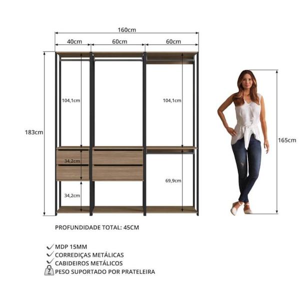 Imagem de Kit Guarda Roupa Closet 03 Peças 183X160cm Preto Montana PRODDY