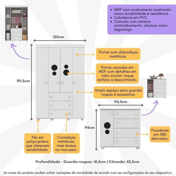 Imagem de Kit Guarda-Roupas Infantil 4 Portas 3 Gavetas e Cômoda 1 Porta 4 Gavetas Pimpolho Multimóveis MP4209