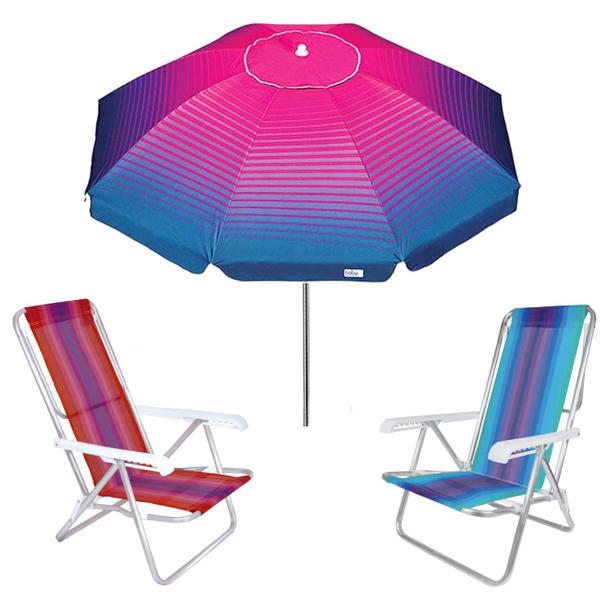 Imagem de Kit Guarda Sol 2,2m Articulado Cancun Rosa 2 Cadeira 8 Posições Alumínio Praia Piscina Camping - Tobee