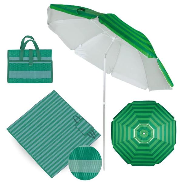 Imagem de Kit Guarda Sol 2,40m Articulado + Esteria de Praia de Casal 2,0m X 1,5m Verde Listrado  Mor 