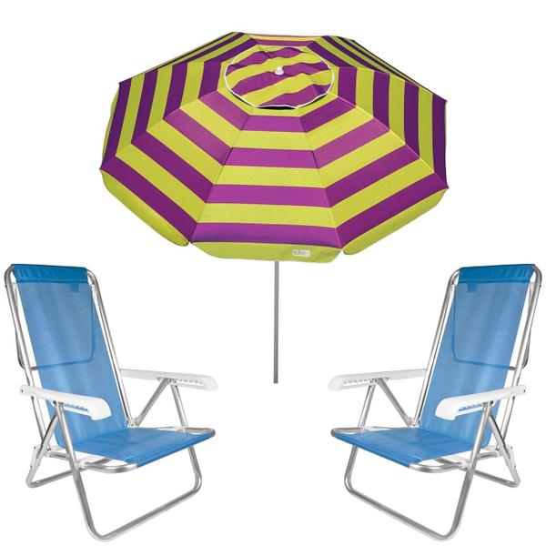 Imagem de Kit Guarda Sol 2m Aruba Roxo Cadeira 8 Posições Alumínio Sannet Praia Piscina Camping - Tobee