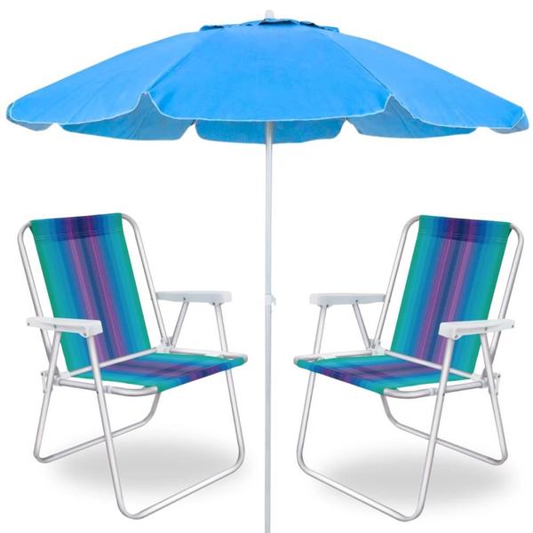 Imagem de Kit Guarda Sol Azul Bahia 2 M Bagum e Aluminio + 2 Cadeiras de Praia Coloridas em Aluminio