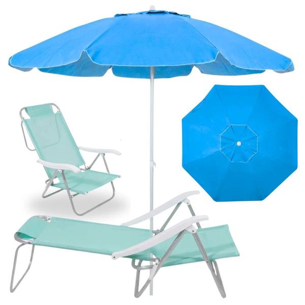 Imagem de Kit Guarda Sol Azul Bahia 2 M Bagum e Aluminio + Cadeira de Praia 6 Posicoes Verde Agua Sunny  Bel 