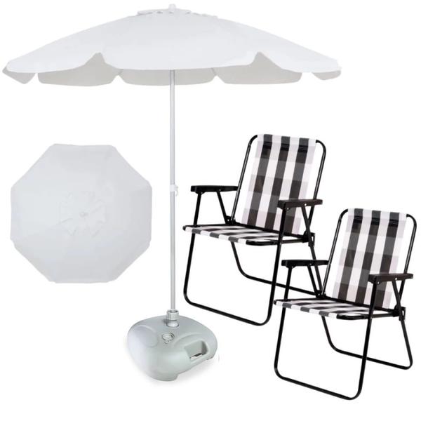 Imagem de Kit Guarda Sol Branco 1,60 M + Base Branca 21kg + 2 Cadeiras de Praia Modelo Retro