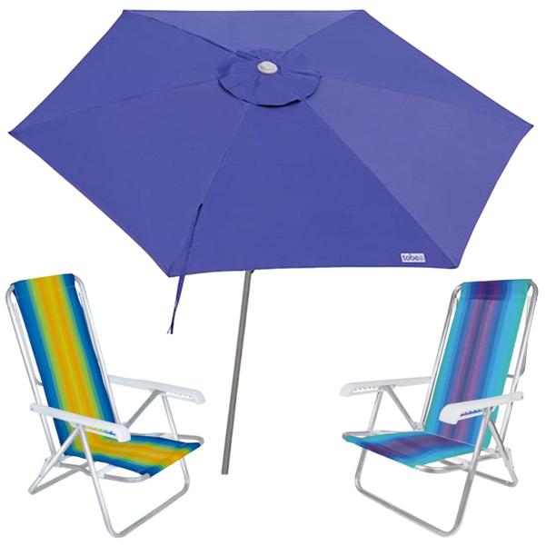 Imagem de Kit Guarda Sol Ombrelone 2,4m Malibu Azul 2 Cadeira 8 Posições Alumínio Praia Piscina Camping - Tobee