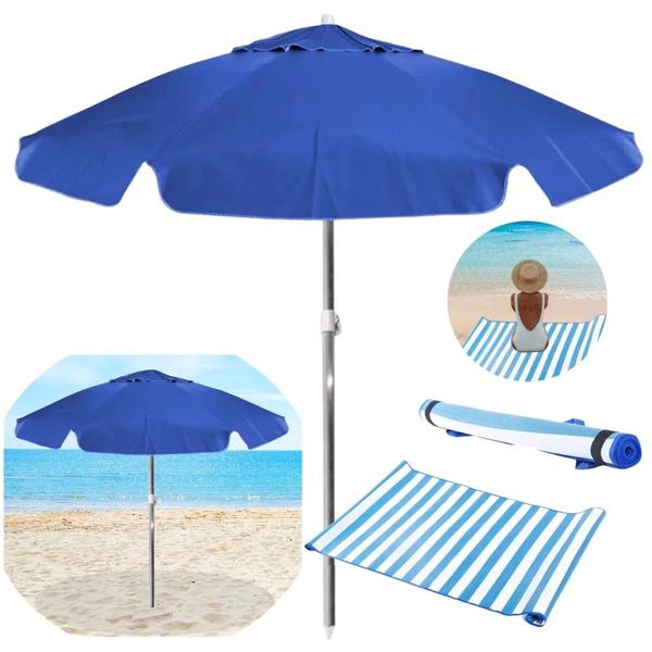 Imagem de Kit Guarda Sol Praia Azul Royal 1,60 M + Esteira Azul com Alca  Bel 