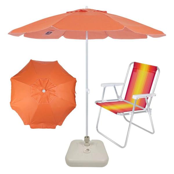 Imagem de Kit Guarda Sol Praia Laranja 1,60 M + Base Branca 18 L + Cadeira Aluminio