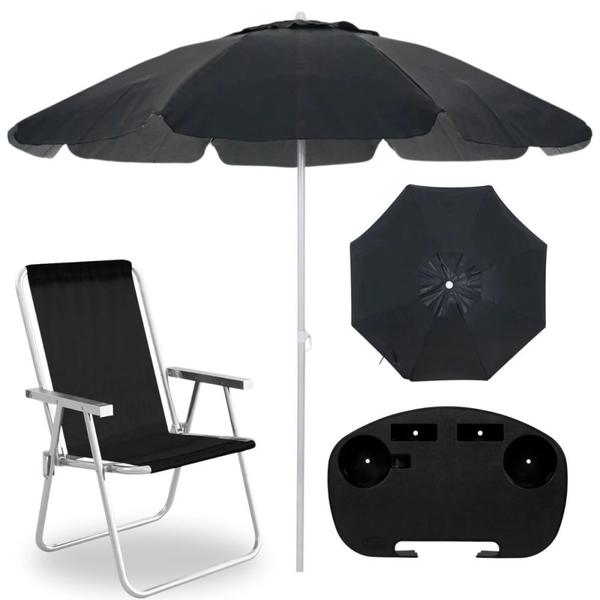 Imagem de Kit Guarda Sol Preto 2 M Bagum e Aluminio + Cadeira de Praia Sannet + Mesa Porta Copos