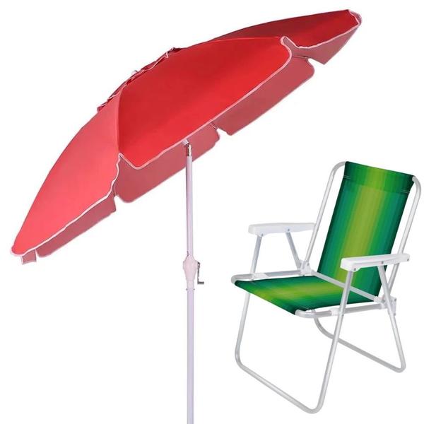 Imagem de Kit Guarda Sol Vermelho 2,50 M Manivela + Uma Cadeira de Praia Aluminio