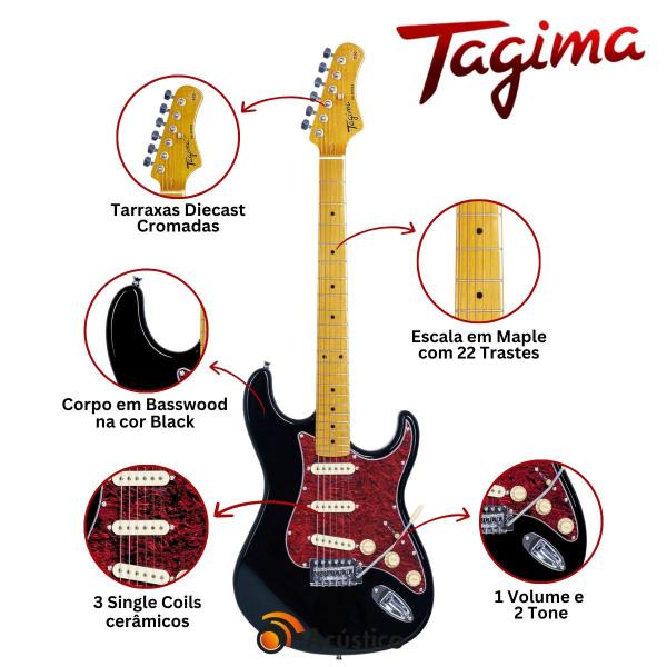 Imagem de Kit Guitarra Stratocaster Tagima TG-530 Preta Tortoise Capa