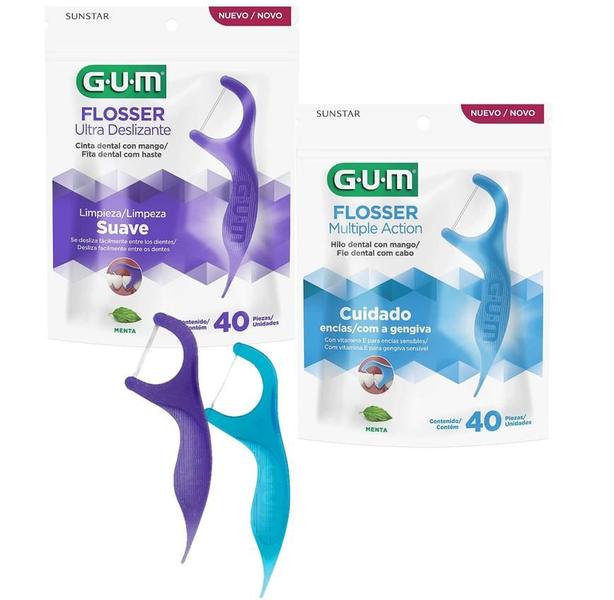 Imagem de Kit GUM Flossers Roxo e Azul fio dental c/ cabo 80 unidades