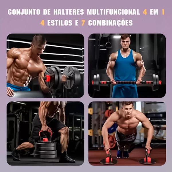 Imagem de Kit Halteres 6 Em 1 Musculação Até 15Kg Ajustável Kettlebell