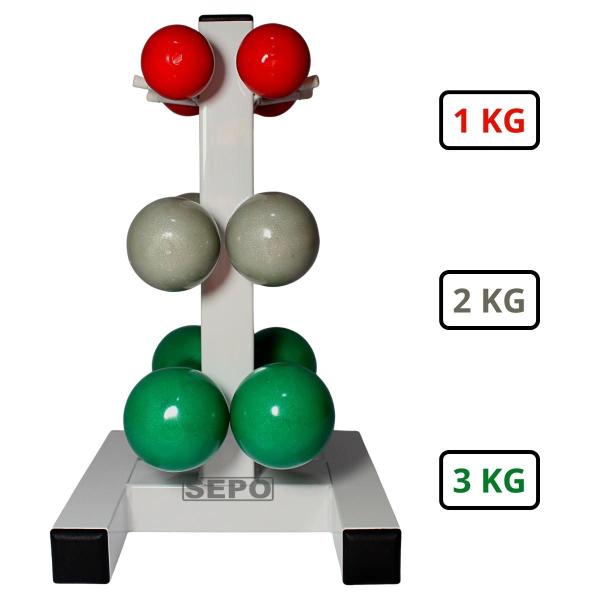 Imagem de Kit Halteres Emborrachados Pares de 1Kg 2Kg e 3Kg com Suporte de Chão Branco