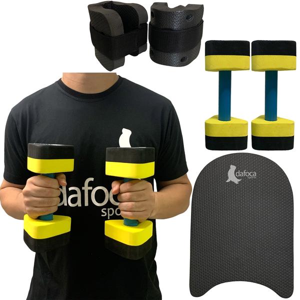 Imagem de Kit Hidroginástica Com Halteres 1-2Kg + Caneleiras 1-2kg + Prancha Pequena Em EVA Preto/Amarelo Dafoca Sports