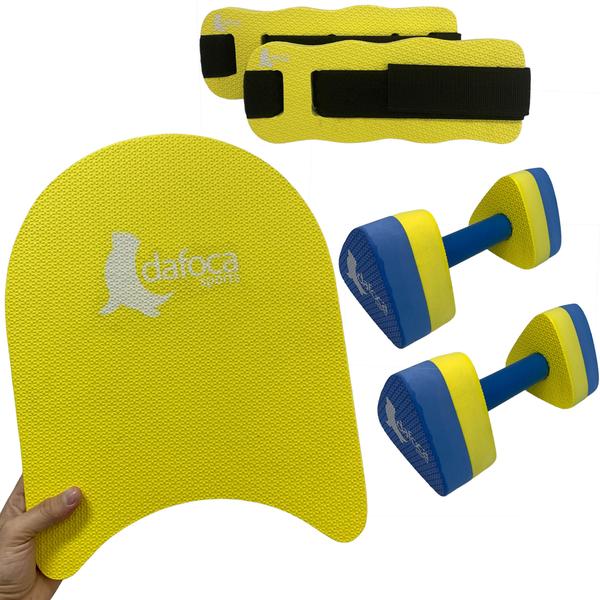 Imagem de Kit Hidroginástica Prancha Pequena 34cm Amarela + Caneleira 1 à 2kg + Par de Halteres Médio Dafoca Sports