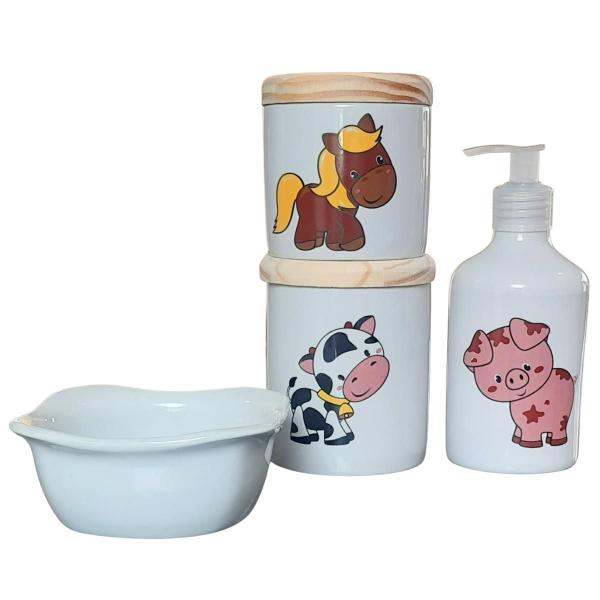 Imagem de Kit higiene bebê Fazendinha 4 peças - Porcelana e Pinus