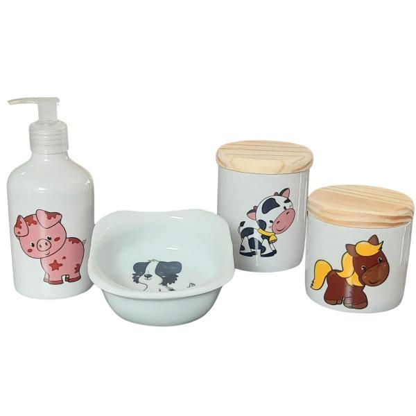 Imagem de Kit higiene bebê Fazendinha 4 peças - Porcelana e Pinus