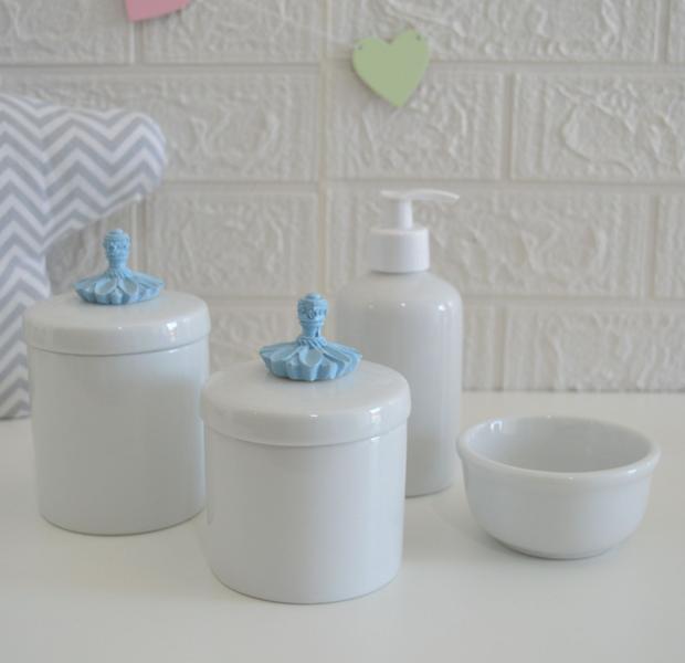 Imagem de Kit Higiene Bebê K016 Porcelana Azul Banho Cuidado Quarto Menino Decoração