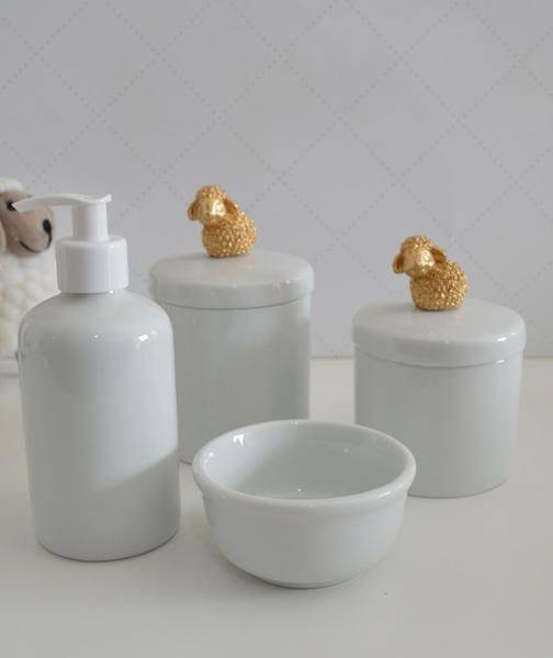 Imagem de Kit Higiene Bebê K016 Porcelana Dourado Banho Cuidado Quarto Menina Menino