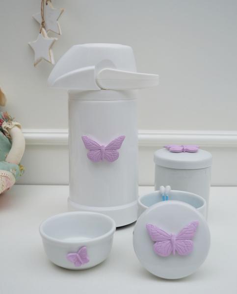 Imagem de kit Higiene Bebê Potes K022 Borboleta Cotonete Algodão Limpeza Porcelana