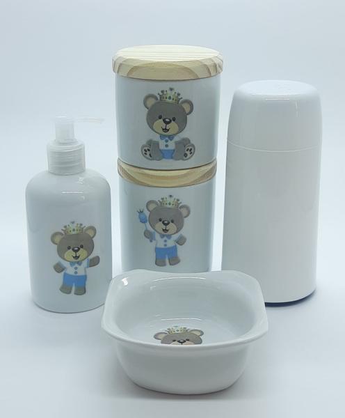 Imagem de Kit higiene bebê Príncipe Ursinho 6 Pçs - Pçs porcelana tampas Pinus + garrafa térmica