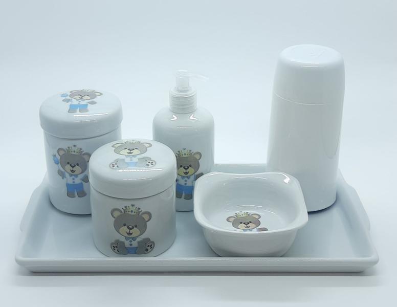 Imagem de Kit higiene bebê Principe Ursinho 6 peças - bandeja, potes, porta álcool e molhadeira - Peças Porcelana