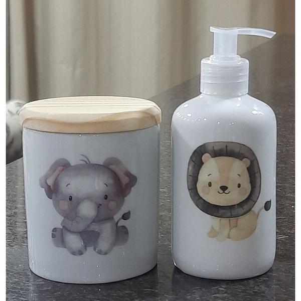 Imagem de Kit higiene bebê Safari 2 peças - pote e porta álcool - Peças Porcelana Tampa Pinus