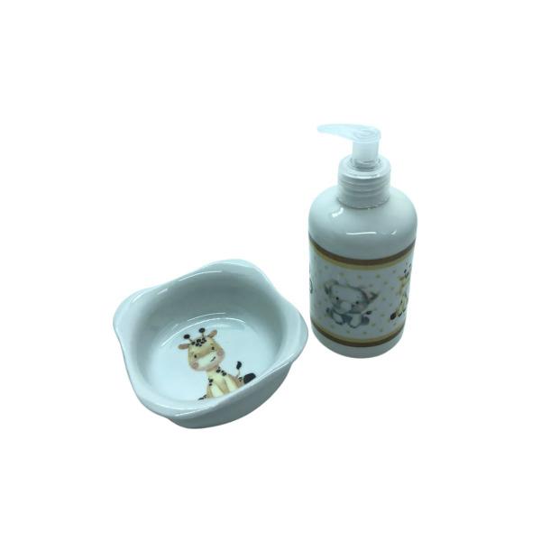Imagem de Kit higiene bebê Safari 5 peças - Bandeja, potes, porta álcool E Molhadeira - Peças Porcelana Bandeja e Tampas Pinus