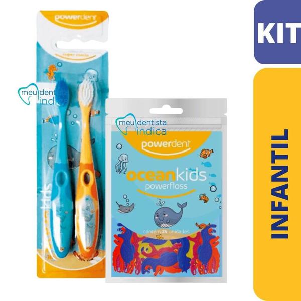 Imagem de Kit Higiene Oral Infantil  2x Escovas  + Flosser OceanKids  Powerdent