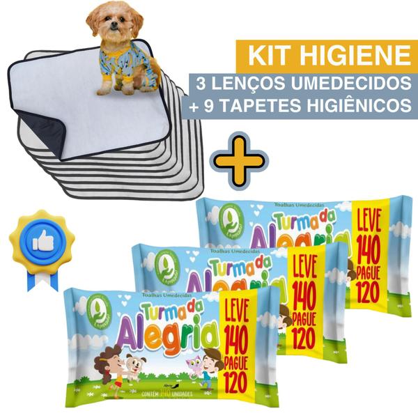 Imagem de Kit Higiene Pet com 3 Lenços Umedecidos Turma da Alegria + 9 Tapetes Higiênicos Absorventes Médios