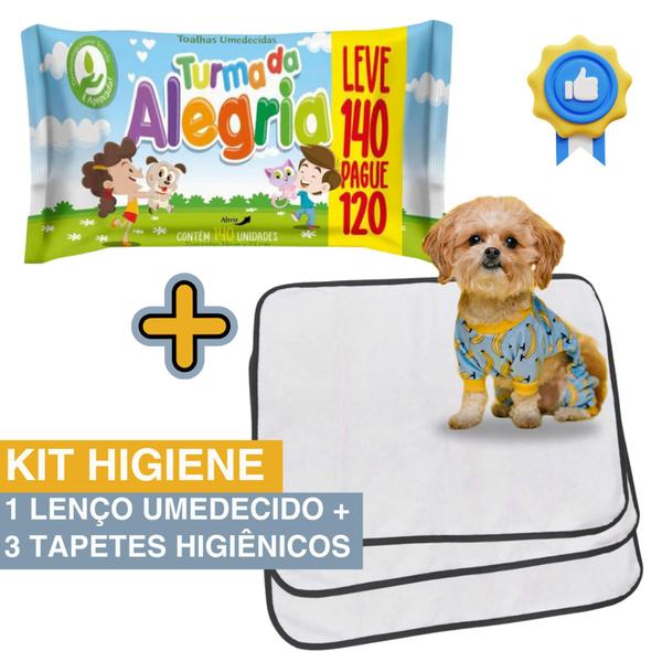 Imagem de Kit Higiene Pet com 3 Tapetes Higiênicos Absorventes Médios + 1 Lenço Umedecido Turma da Alegria