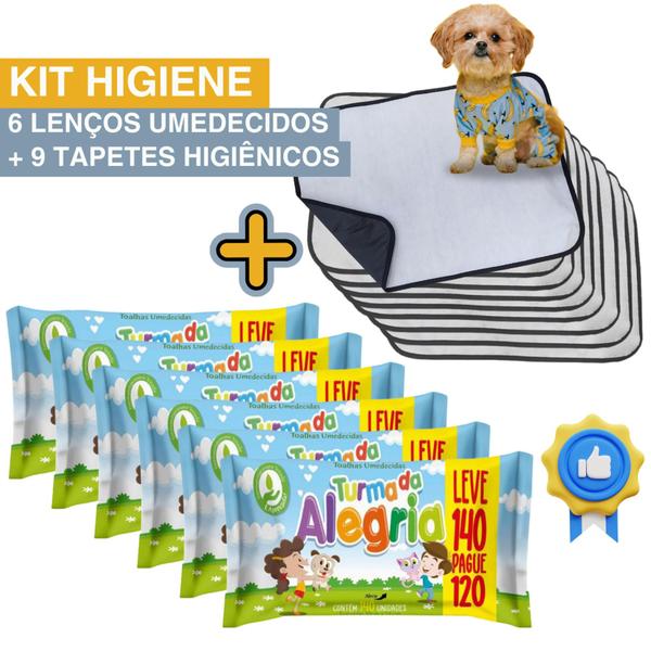 Imagem de Kit Higiene Pet com 9 Tapetes Higiênicos Absorventes Médios + 6 Lenços Umedecidos Turma da Alegria