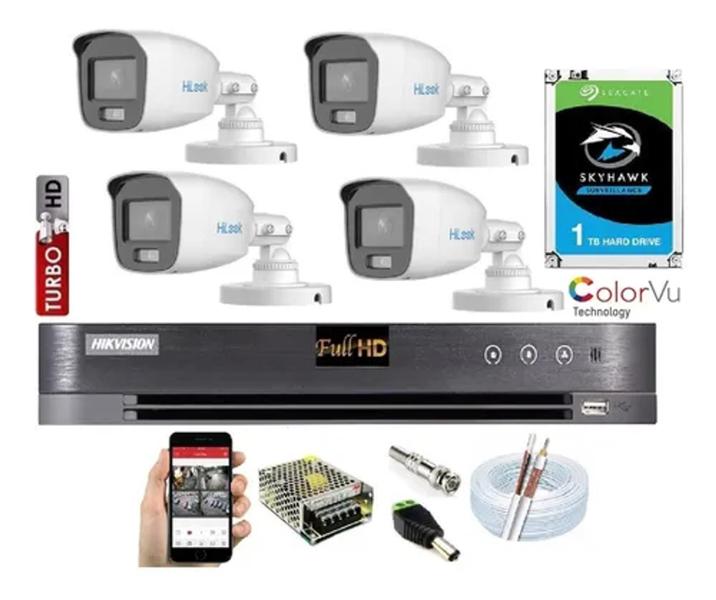 Imagem de Kit Hikvision 4 Cam Colorvu Hilook Fullhd Dvr 4ch Hd 1 Tera