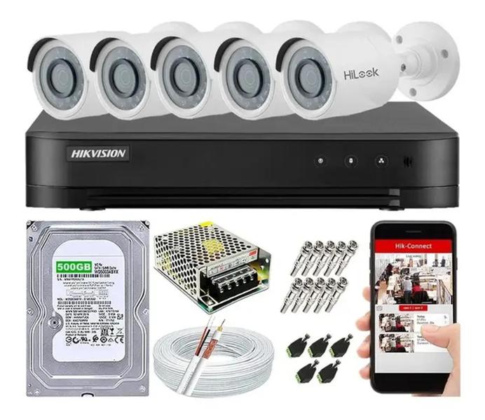 Imagem de Kit Hikvision 5 Câmeras Segurança Ir20 Dvr 8 Canais C/Hd 500Gb